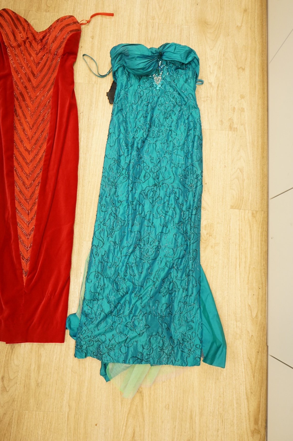 A 1960's/70's evening dress and jacket, with a red velvet dress